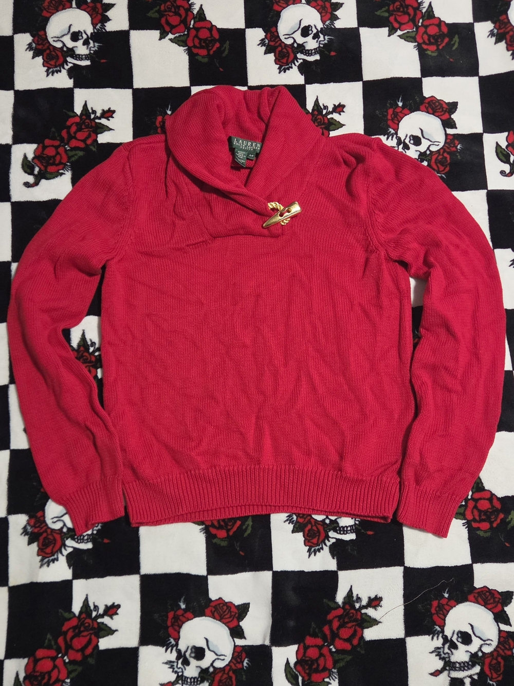 Lauren Ralph Lauren Bright Red Turtleneck Sweater with Gold Accent Pin